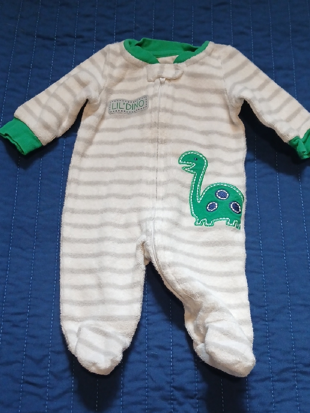 Koala Kids Cream Striped Dino Footed One-Piece with Green Accents